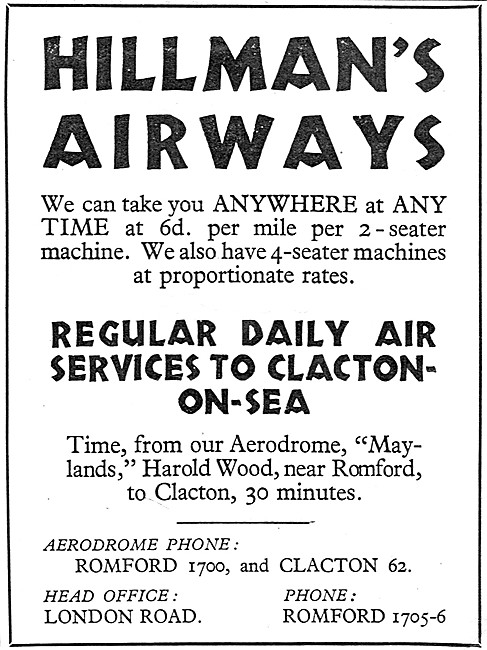 Hillmans Airways Maylands to Clacton Daily 1932                  