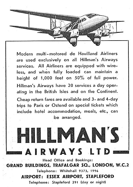 Hillmans Airways - De Havilland Airliners - Daily Services       