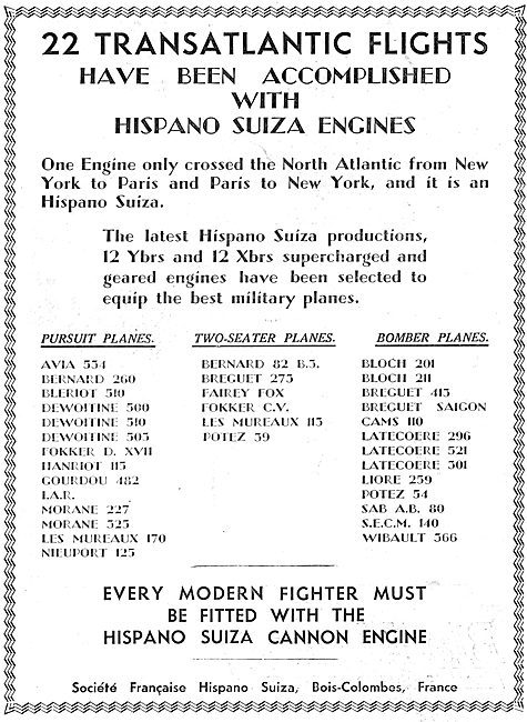 22 Transatlantic Flights Made Using Hispano Suiza Aero Engines   