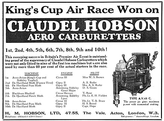 Claudel-Hobson Aero Carburetter Sweeps Board In King's Cup       