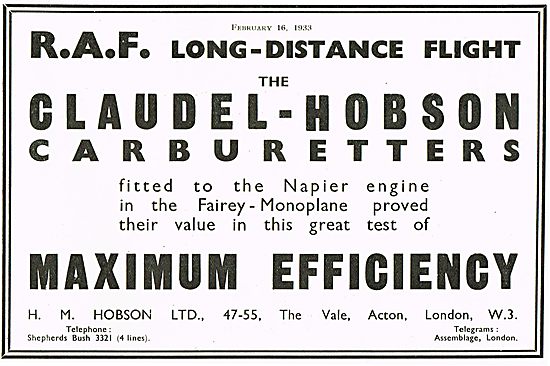 Claudel-Hobson Carburettors Fairey Long Range Monoplane          