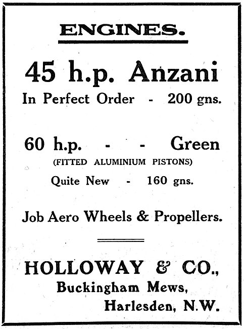 Holloway & Co. Harlesden. Aero Engine & Propeller Stockists      