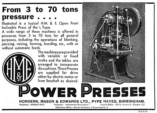 Hordern, Mason & Edwards - Machine Tools. Power Presses          