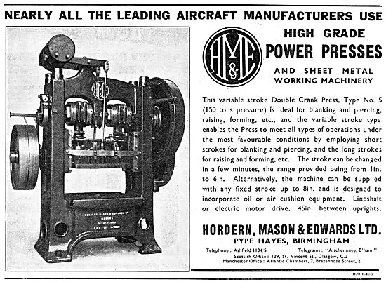 Hordern, Mason & Edwards - Machine Tools. Power Presses          