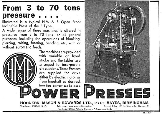 Hordern, Mason & Edwards - Machine Tools. Power Presses          