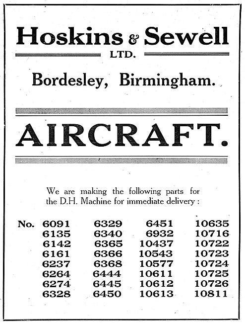 Hoskins & Sewell. Steel & Aluminium Pressings For D.H.Aircraft   