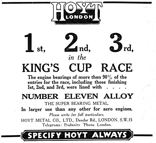Hoyt Alloys For Aviation - No.11 Alloy. Kings Cup 1935           