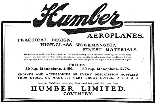 Humber Aeroplanes - High Class Workmanship                       