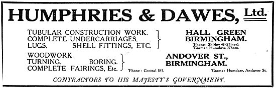 Humphries & Dawes Ltd - Aeronautical Engineering. 1918           