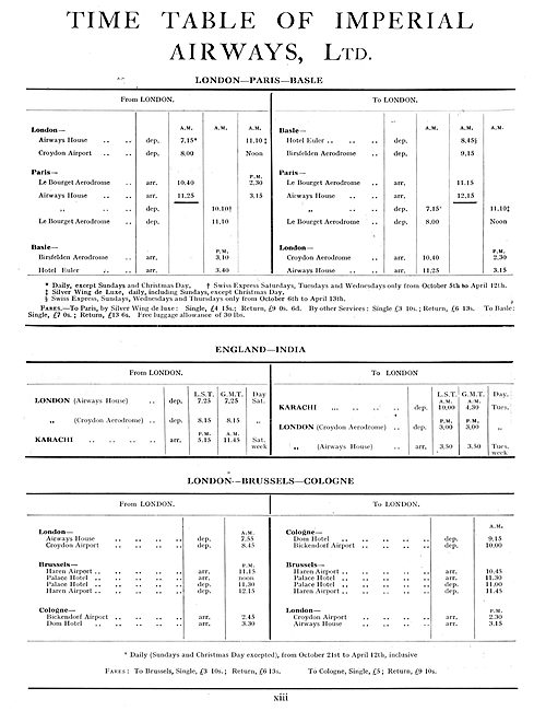 Imperial Airways London-Paris-Basle Timetable                    