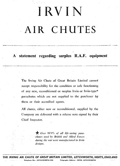 Irving Air Chute Statement Regarding RAF Surplus Parachutes      