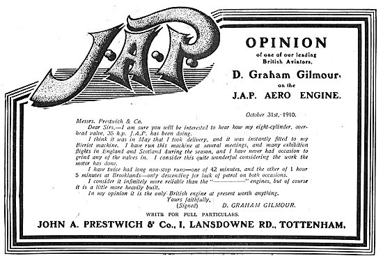 Testimonial For JAP Aeroplane Engines From Graham Gilmour        