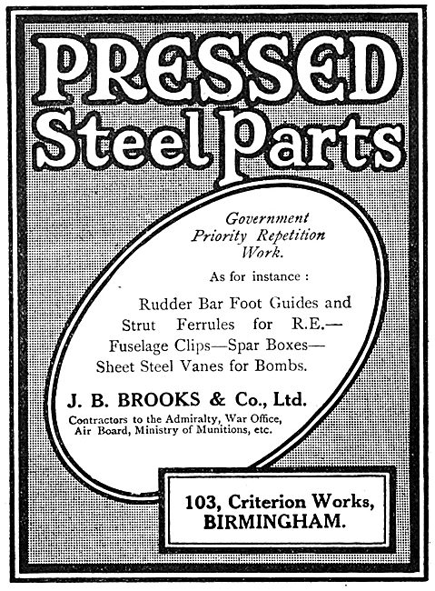 J B Brooks & Co. Pressed Steel Parts. 103, Crirerion Works. Birm 