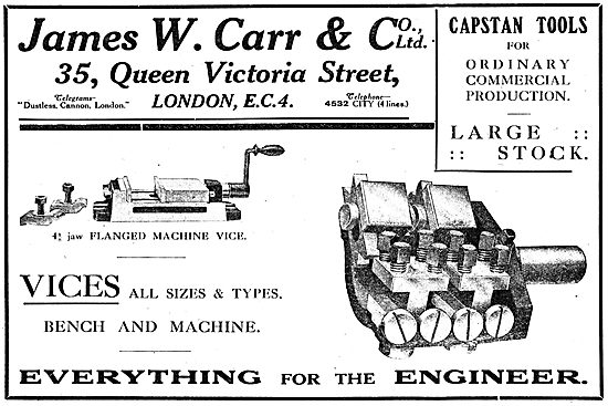 James W.Carr & Co - Vices & Capstan Tools. 1918 Advert           