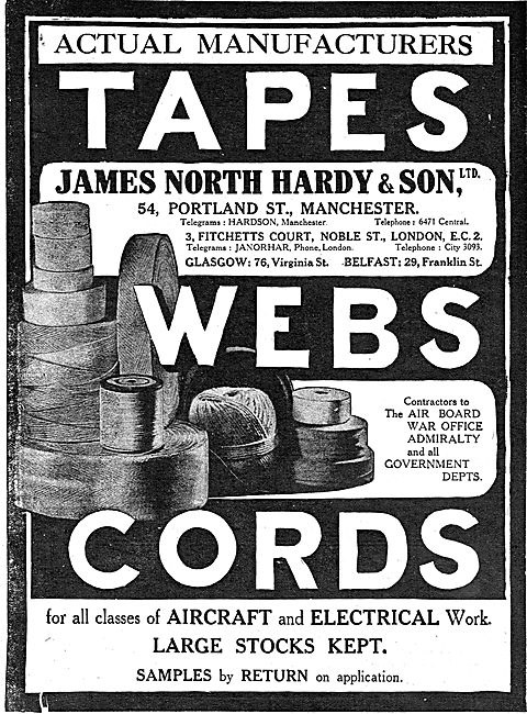 James North Hardy & Son Ltd. Manchester. Aircraft Tapes & Cords  