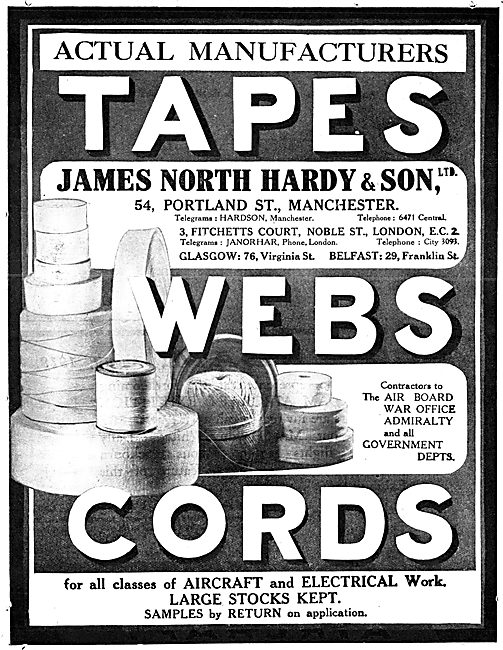 James North Hardy & Son Ltd. Manchester. Aircraft Tapes & Cords  