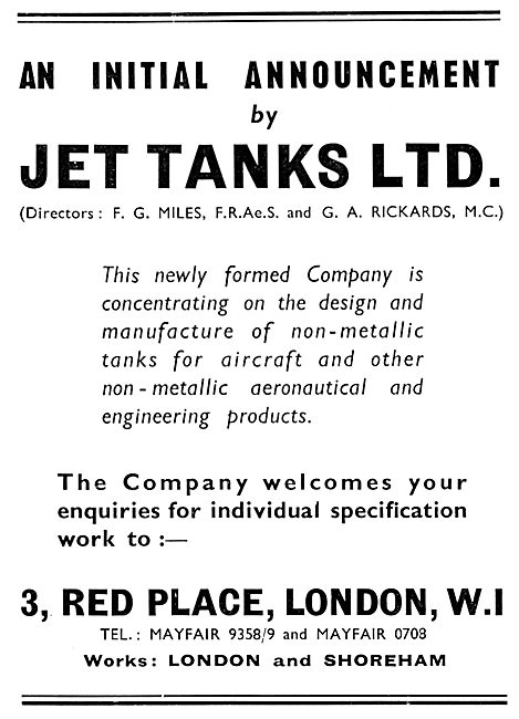 Jet Tanks Limited - Non-Metallic Aircraft Fuel Tanks. F.G.Miles  