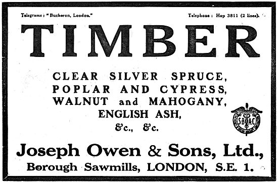 Joseph Owen: Timber For Aircraft Constructors 1919 Advert        