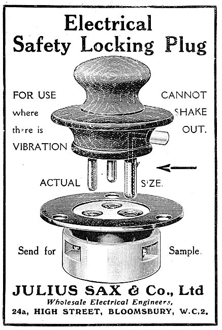 Julius Sax & Co Ltd. Electrical Safety Locking Plug. 1919        