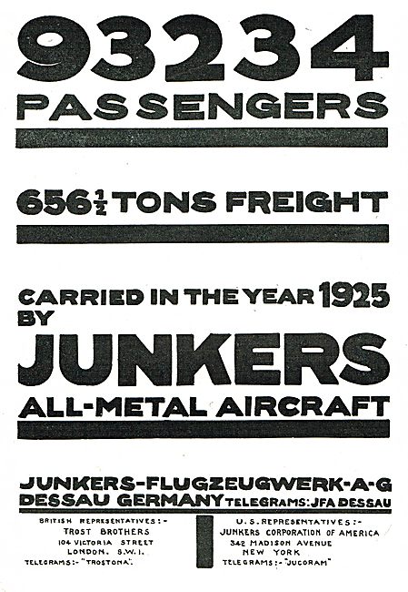 Junkers All Metal  Aircraft - 656 Tons Of Freight Carried In 1925