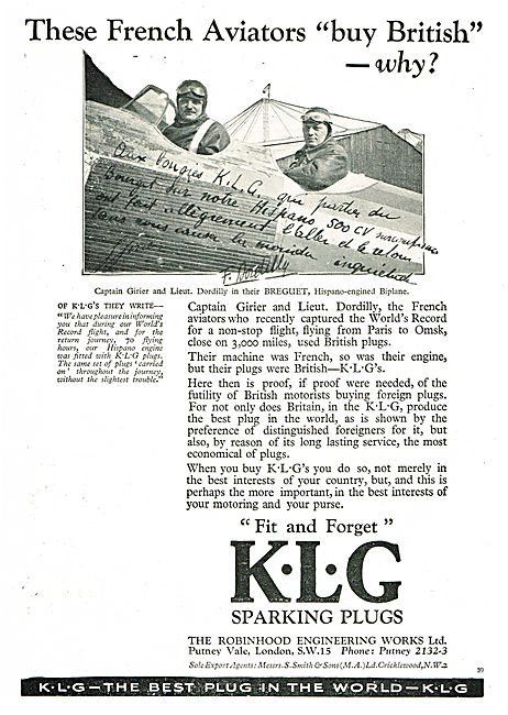 KLG Sparking Plugs For Captain Girier & Lieut Dordilly's Breguet 