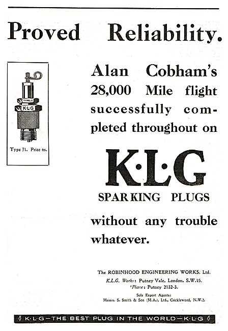 KLG Sparking Plugs Used On Cobhams's 28,000 Mile Flight.         