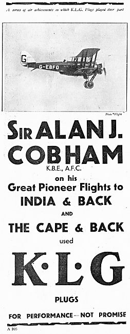 KLG Sparking Plugs Used By Sir Alan Cobham For Cape Flight       