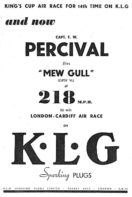 KLG Aircraft Sparking Plugs : Percival Mew Gull : Kings Cup      