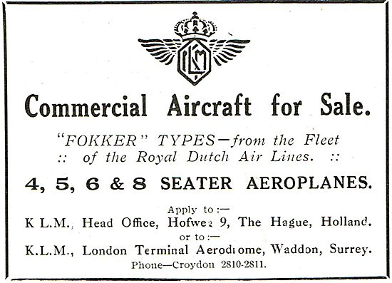 KLM Offers For Sale:  Fokker Types Ex Royal Dutch Airlines Fleet 