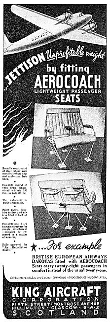 King Aircraft Corporation - Aerocoach Aircraft Seats. 1949       