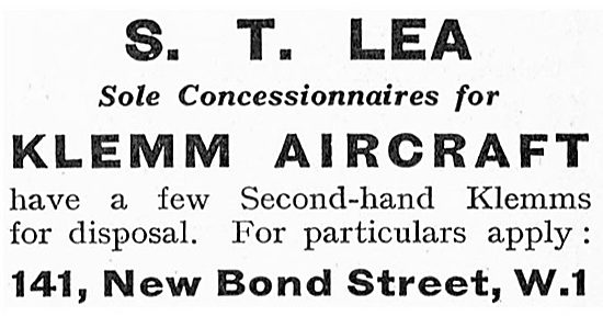 S.T.Lea - Sole Concessionnaires For Klemm Aircraft               