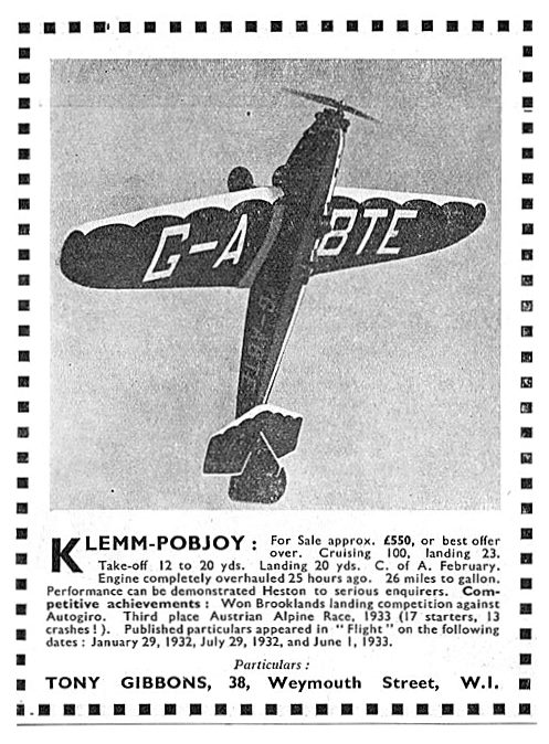 Klemm Pobjoy For Sale G-ABTE Tony Gibbons                        