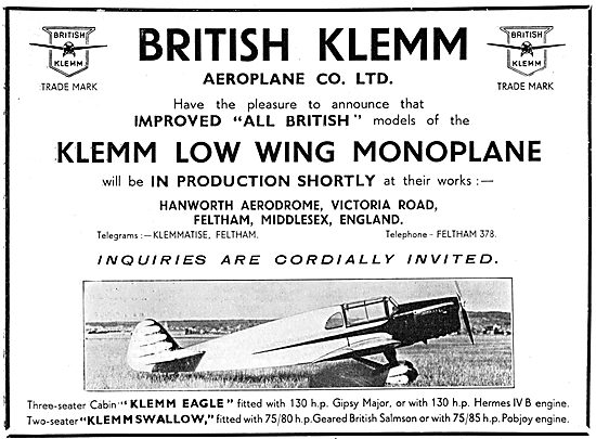 Klemm Low Wing Monoplane 1933 - Klemm Eagle Klemm Swallow        