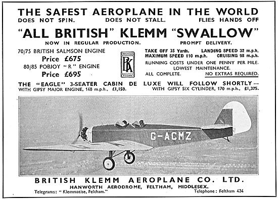 The All British Klemm Swallow Light Aircraft G-ACMZ              