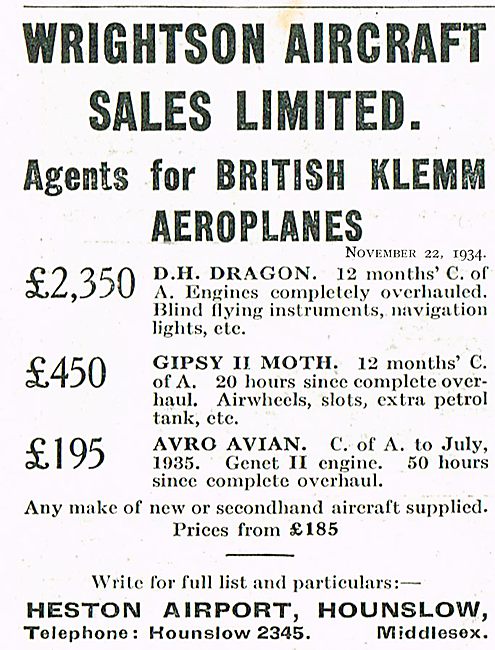 Wrightson Aircraft Ltd Heston Agents For British Klemm Aircraft  