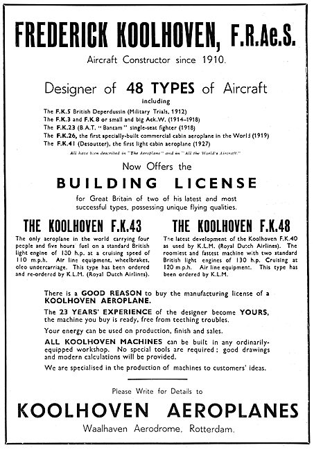 Koolhoven  F.K.5.  F.K.3  F.K.26   F.K.41  F.K.42  F.K.48        