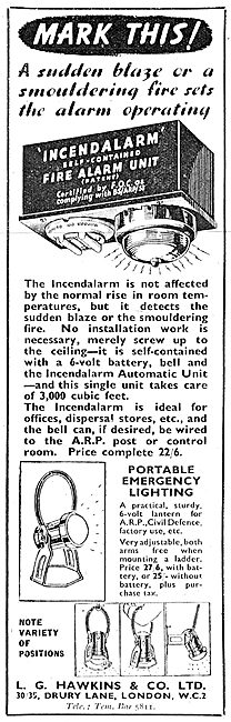 L.G.Hawkins Industrial Fire Alram - Incendalarm 1943 Advert      