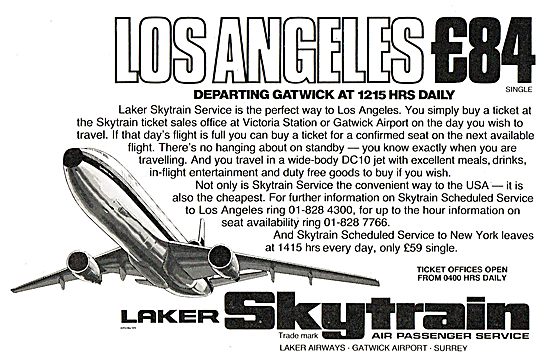 Laker Skytrain - Los Angeles £84.00 Departing Gatwick 12:15 Daily