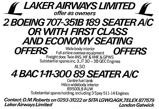 Laker Airways 707 & BAC 1-11 Aircraft For Disposal 1981          