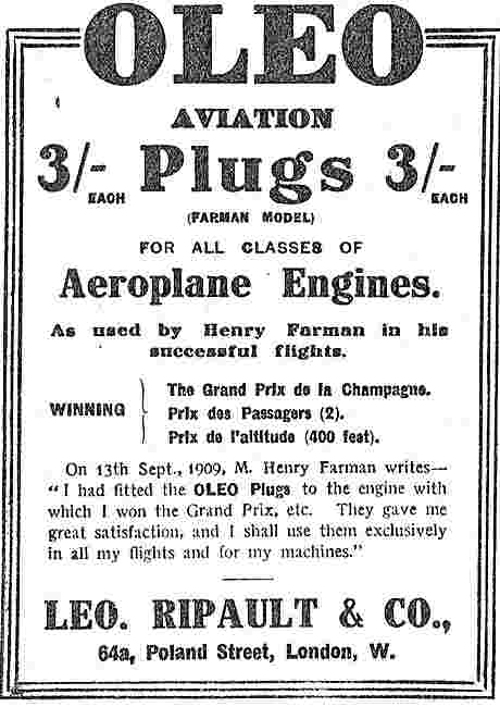 Leo Ripault Aviation Sparking Plugs (Farman Model)  3/-          