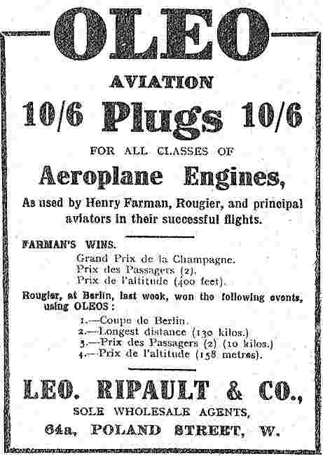 Ripault Oleo Aviation Plugs For All Classes Of Aeroplane Engines 