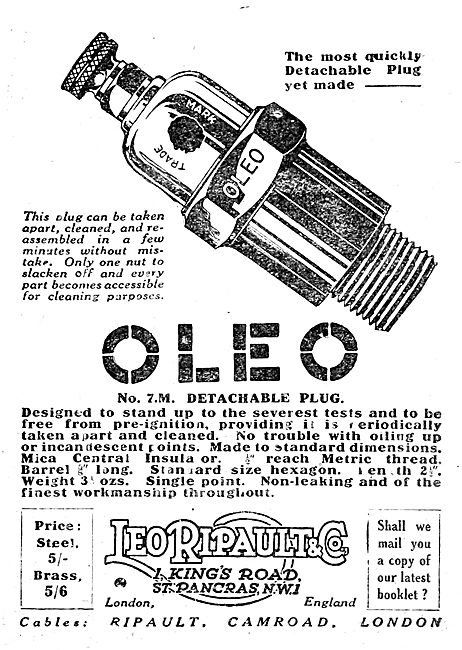 Leo Ripault OLEO Sparking Plugs For Aircraft. 1920               