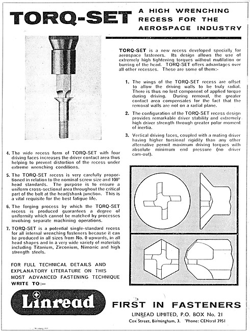 Linread TORQ-SET Recess Fastener                                 