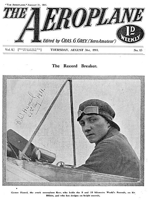 The Aeroplane Magazine Cover August 31st 1911 - Gustav Hamel     
