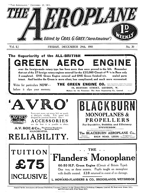 The Aeroplane Magazine Cover December 29th 1911 - Avro           