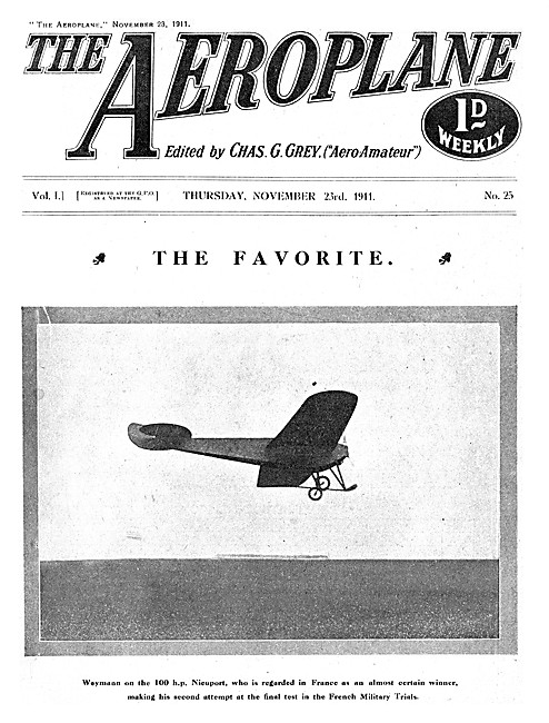 The Aeroplane Magazine Cover November 23rd 1911 - Nieuport 100 hp