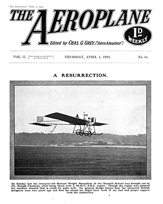 The Aeroplane Magazine Cover April 4th 1912 - Howard Wright Mono 