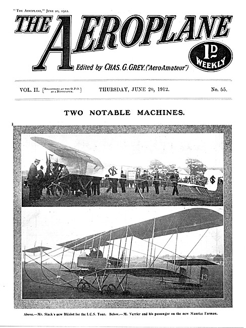 The Aeroplane Magazine Cover June 20th 1912 - Slack Bleriot      