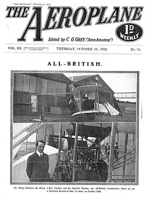 The Aeroplane Magazine Cover October 31st 1912 - Sopwith Biplane 