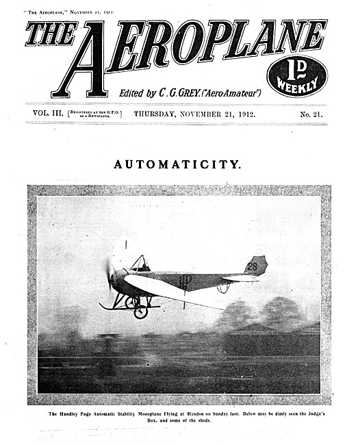 The Aeroplane Magazine Cover November 21st 1912 - Handley Page   